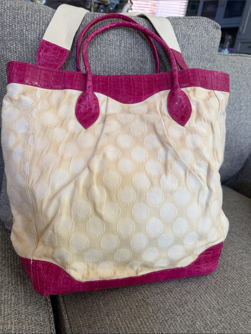 Nancy Gonzales alligator Cream and Fuchsia Tote Bag with Croc Texture Trim.